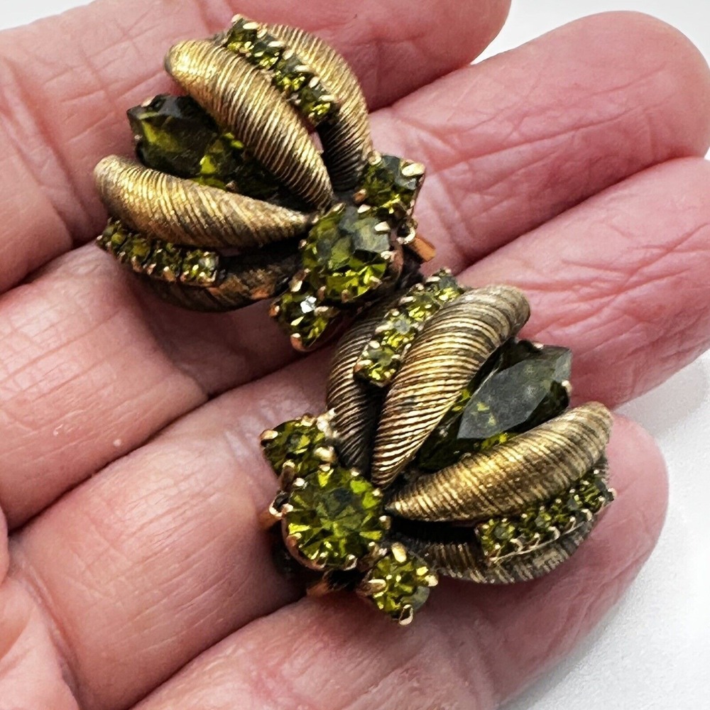 Vintage Earrings Clip On Antique Gold and Green Rhinestones Runway